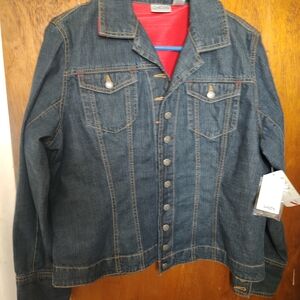 Chico's Dark Blue Denim Jacket with Red Lining